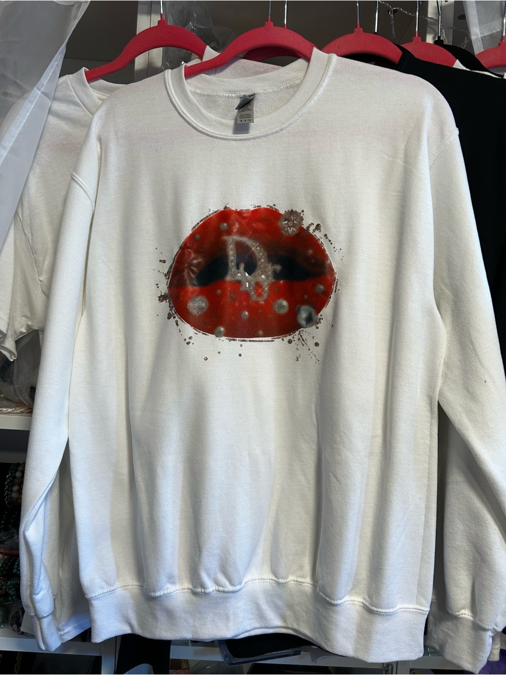 Gildan White Sweatshirt with Red and Black Lip Graphic